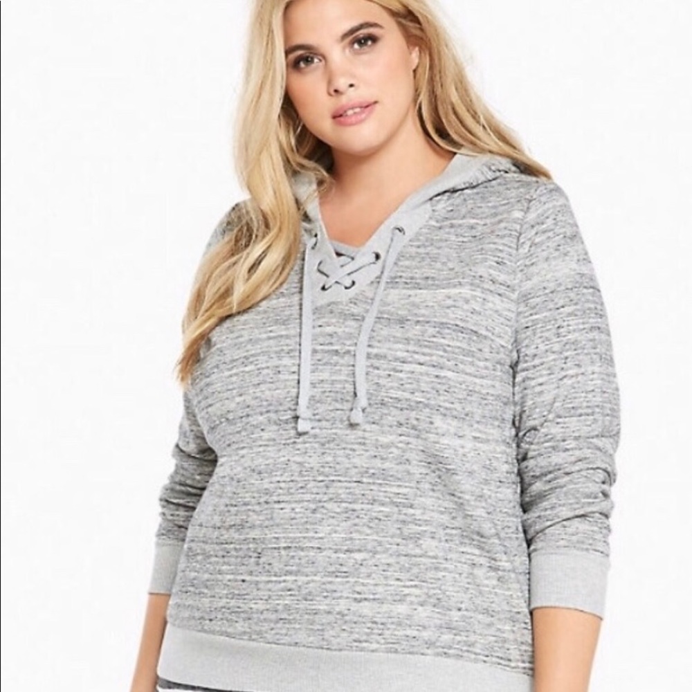 TORRID CRISSCROSS GRAY SWEATSHIRT HOODIE